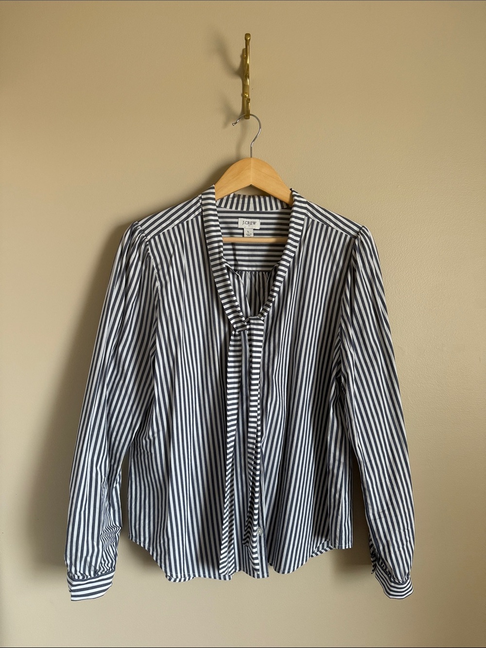 J. Crew Black and White Striped Tie-Neck Blouse